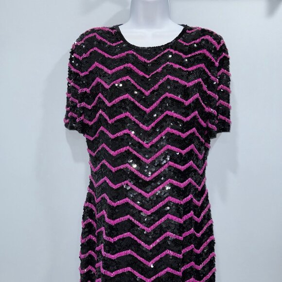 VTG 80s Glam Joan Leslie Black Silk Pink Chevron Sequin Dress Cocktail Size S? - Picture 7 of 15